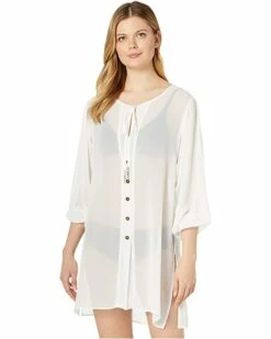 Discount ✔️ MICHAEL Michael Kors Solid Logo Chain Button Front Cover-Up Top | Swimwear ⌛