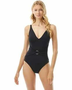 Cheap 🤩 MICHAEL Michael Kors Iconic Solids Sash Logo Trim V-Neck One-Piece with Removable Soft Cups | Swimwear 🔥