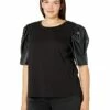 Hot Sale 😀 MICHAEL Michael Kors Plus Size T-Shirt with Leather Sleeve | 👚 Shirts & Tops ❤️
