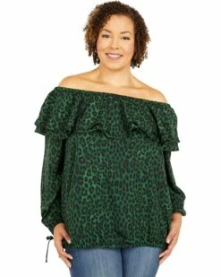 Deals 🛒 MICHAEL Michael Kors Plus Size Mega Cheetah Ruffle Peasant Top | 👚 Shirts & Tops ⭐