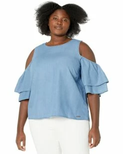 New 🔔 MICHAEL Michael Kors Plus Size Tencel Cold-Shoulder Ruffle Top | 👕 Shirts & Tops ⌛